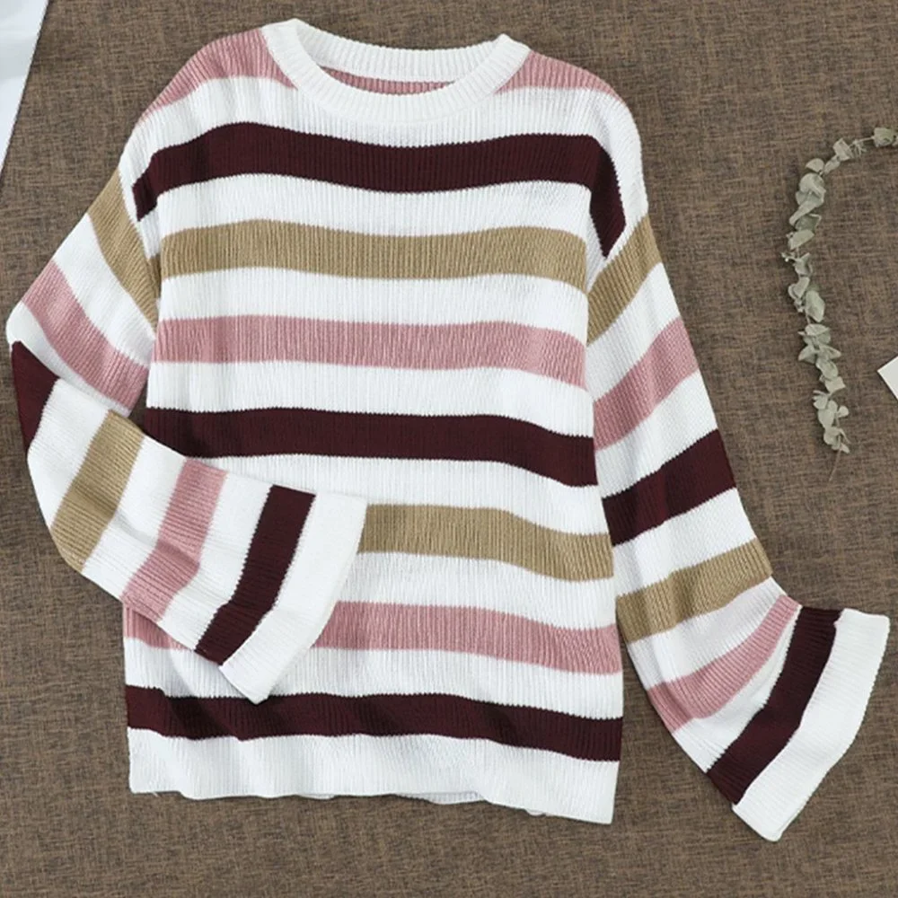 Pink Casual Loose Bell Sleeves Striped Knit Sweater - Picture 4 of 15